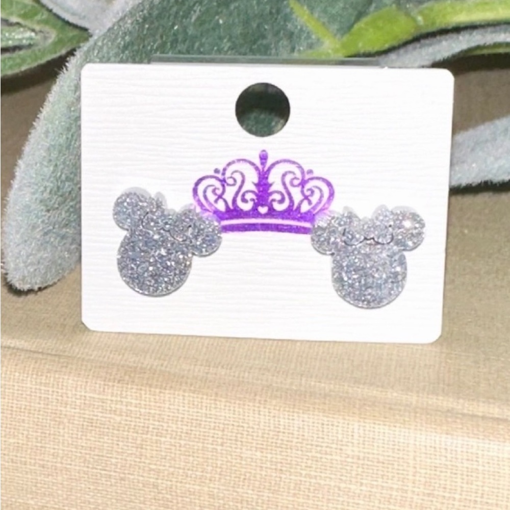 Minnie Mouse, silver enamel glitter earrings